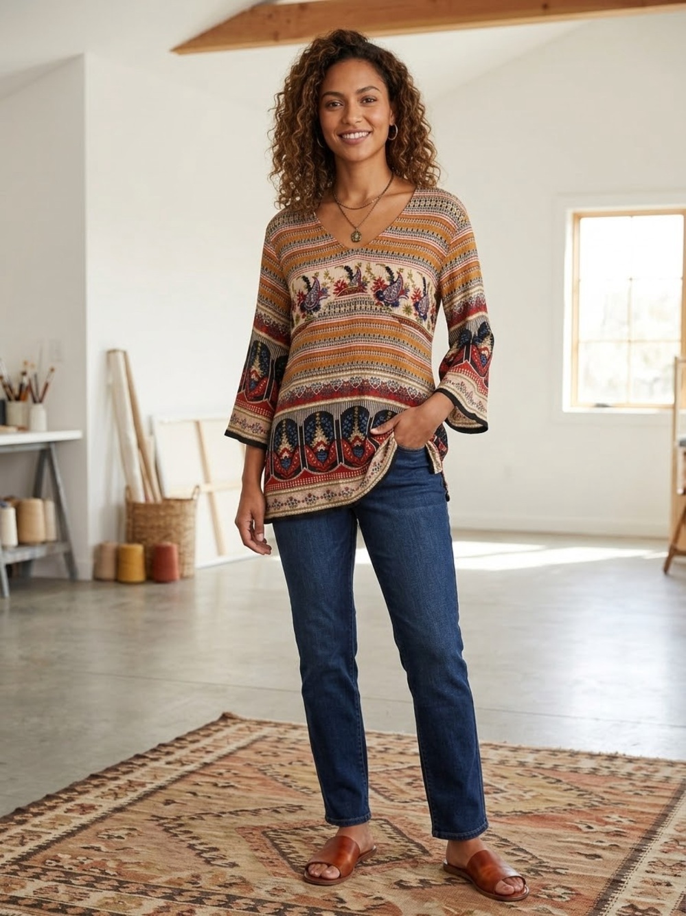 World Market Women’s S/M Rayon Boho Hippie Festival Pasiley Crinkle Tunic Top